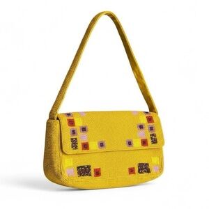 Free People Magic Moment Yellow Beaded Mid Mod Aztec Design Flap Shoulder Bag‎